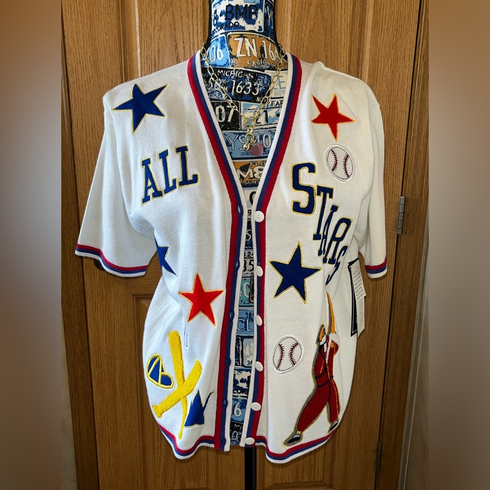 Baseball Theme - Terazzo White and Blue Knit Sweater Size Large